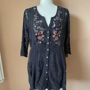 Kyla Sea. Black See Through Lace Floral embroidery Tunic Mini Dress. Med
